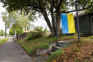 A Ukrainian flag hangs infront of a house