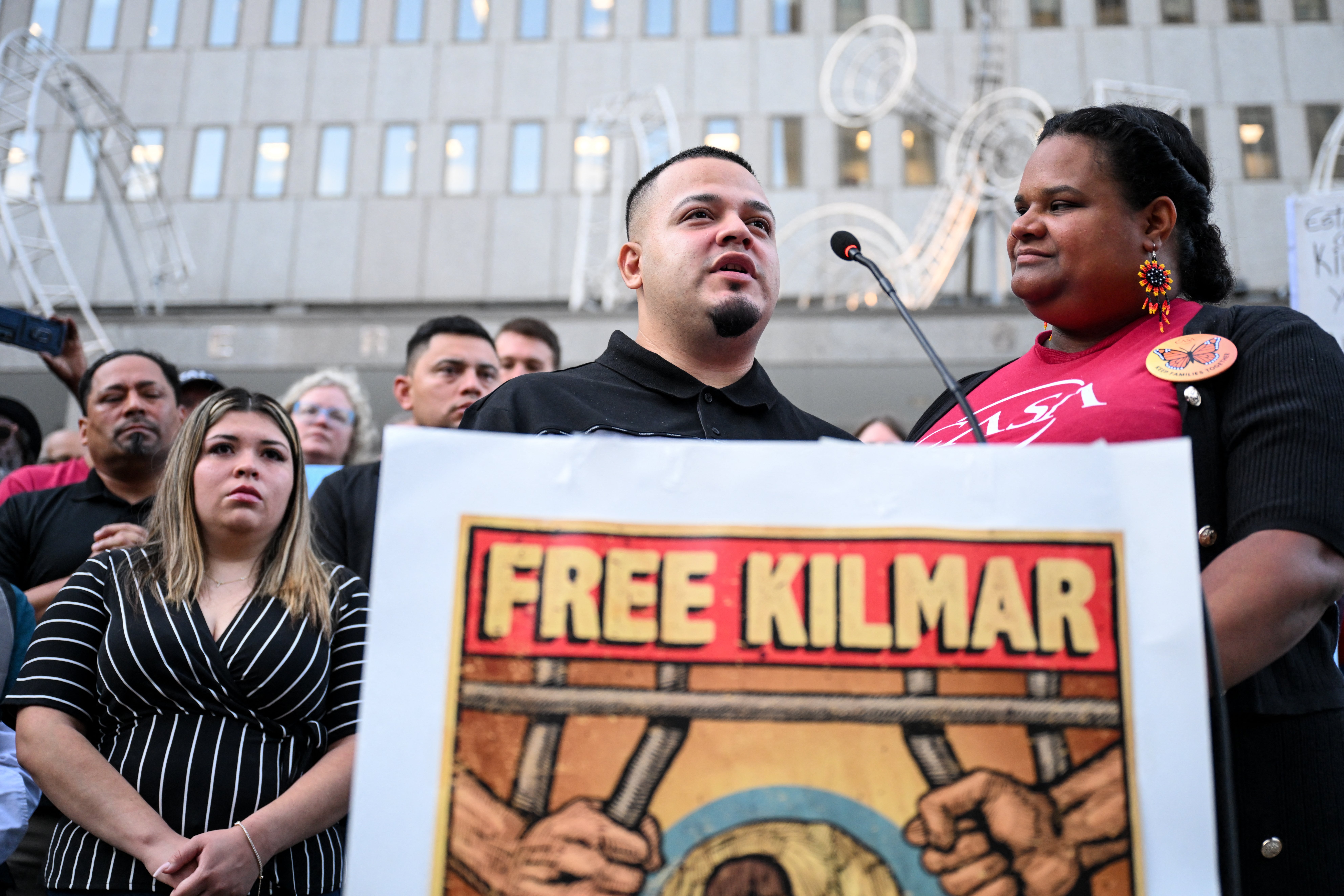 Kilmar Abrego Garcia speaks as he arrives at a rally near the U.S. Immigration and Customs Enforcement field office in Baltimore