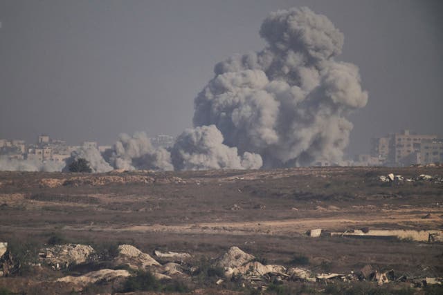 <p>Smoke rises to the sky following an Israeli air strike in the northern Gaza Strip as seen from southern Israel</p>