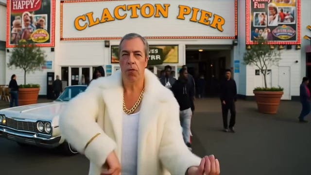 <p>Nigel Farage dances in white fur coat at Clacton Pier in bizarre AI rap video</p>