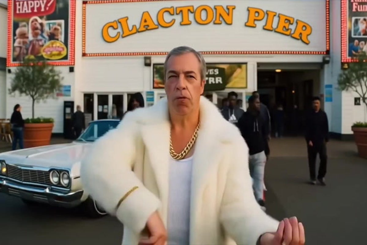 Nigel Farage dances in fur coat at Clacton Pier in bizarre AI rap video