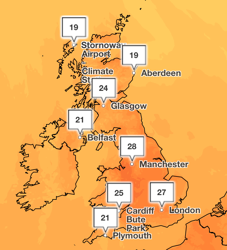 Peak temperature on bank holiday on Monday