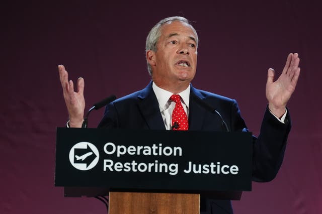 <p>Reform UK leader Nigel Farage at the launch of the party’s plan to deport asylum seekers, at Oxford airport in Oxfordshire</p>