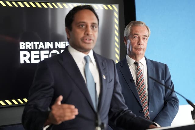 Zia Yusuf and Reform party leader Nigel Farage speak during a press conference in Westminster, central London. Picture date: Monday August 4, 2025.