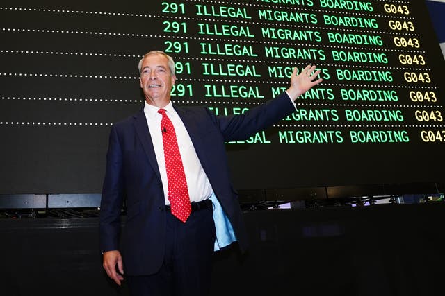 <p>Reform UK party leader Nigel Farage at the launch of Reform’s plan to deport asylum seekers, at London Oxford Airport</p>
