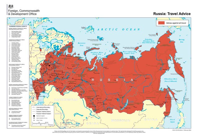 <p>Red alert: Foreign Office map of Russia, showing the whole country as a no-go zone</p>