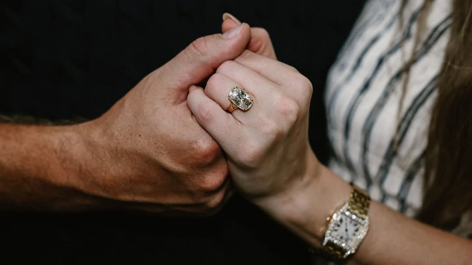 A close-up of the ring Kelce proposed with