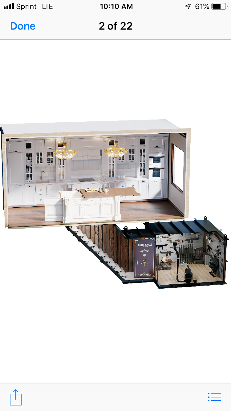 A plan for a bunker made by Atlas Survival Shelters recently. It features a hidden escape hatch underneath the kitchen island that is light enough to be opened with the push of a finger, and a bunker that features a hidden chamber of firearms and a shooting range