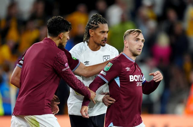 <p>Jarrod Bowen was pulled away by team-mates</p>