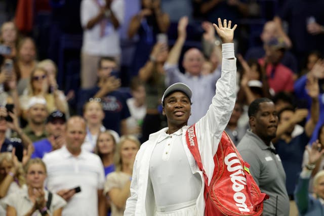 <p>Venus Williams waves to fans after being defeated by Karolina Muchova</p>