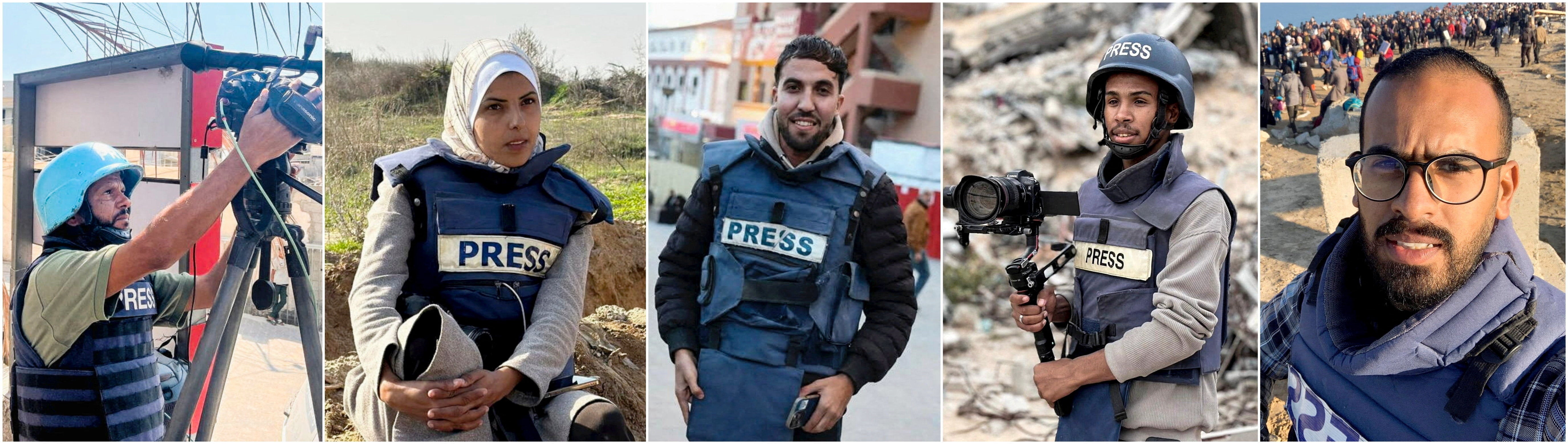 (L-R) Hussam al-Masri, a contractor for Reuters; Mariam Abu Dagga, Associated Press freelancer; Moaz Abu Taha, freelancer for organisations including Reuters; Mohammed Salama, Al Jazeera; Ahmed Abu Aziz