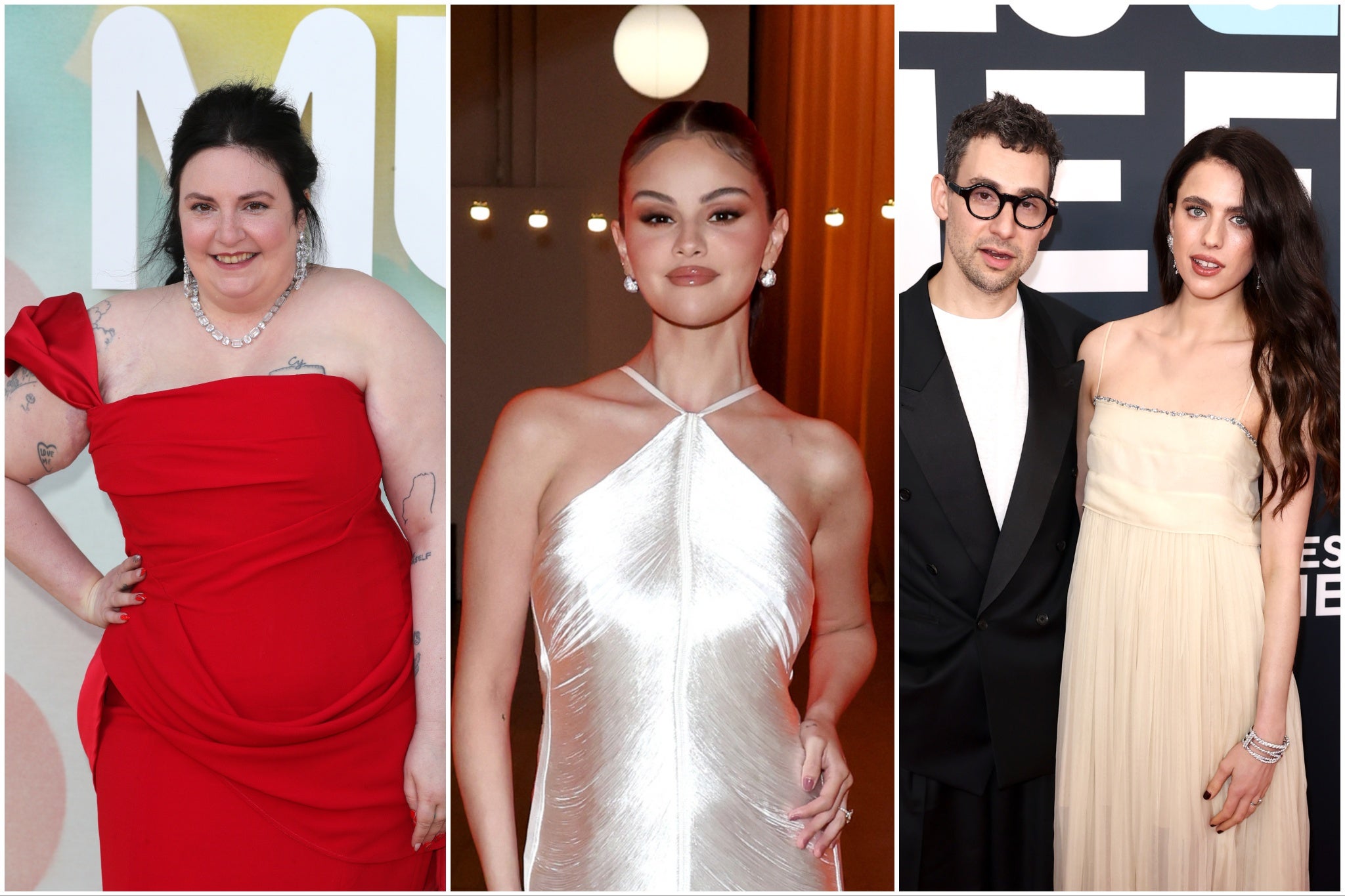 (L-R) Lena Dunham, Selena Gomez, Jack Antonoff and Margaret Qualley are all likely guests at Swift and Kelce’s wedding