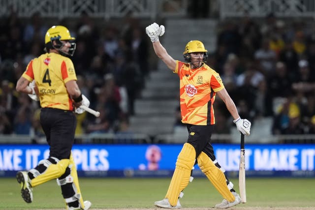 Trent Rockets’ Ben Cox (centre) celebrates after hitting the winning runs against Birmingham Phoenix (Nick Potts/PA)