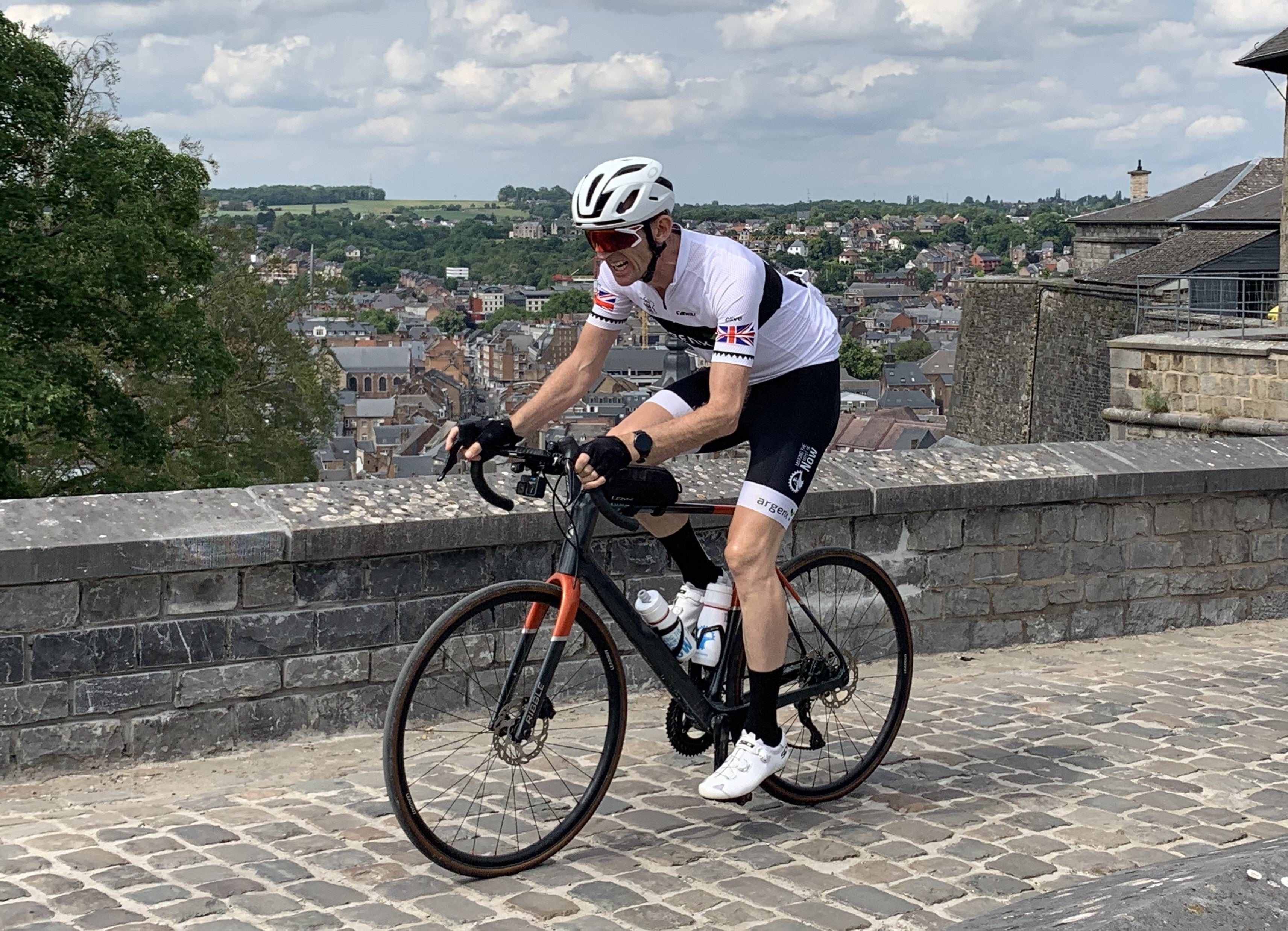 Clive Phillips cycling in the Citadel of Namur