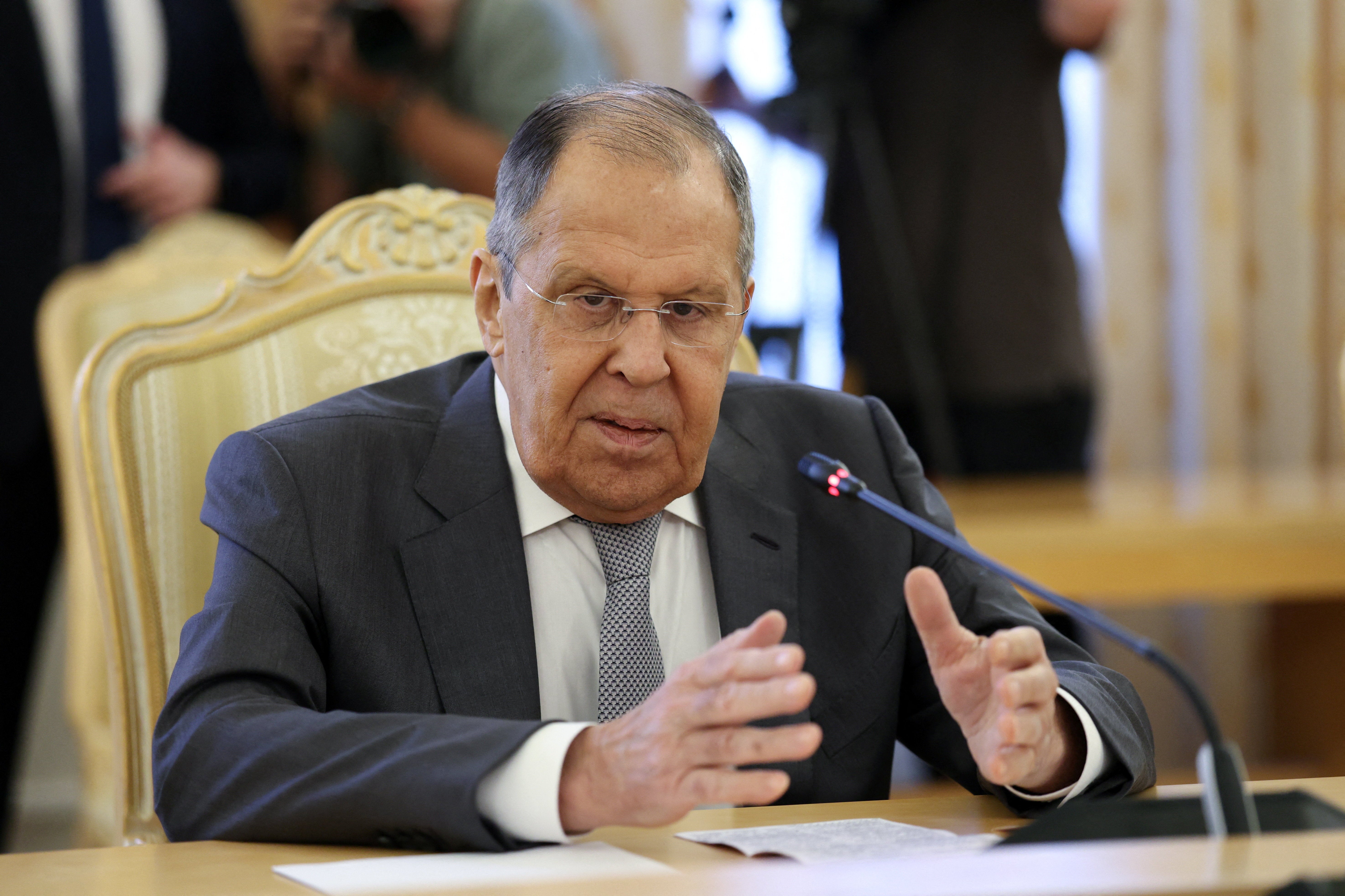 Russia's foreign minister Sergei Lavrov speaks during a meeting with Turkmenistan's foreign minister Rashid Meredov in Moscow
