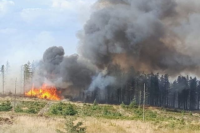 Fire crews, farmers and gamekeepers have been working together to tackle the fire at Langdale Moor, on the North York Moors, which has closed roads, a campsite and diverted coast-to-coast walkers (North Yorkshire Fire and Rescue Service/PA)