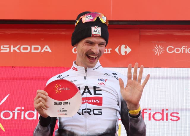 <p>Jay Vine celebrates after winning stage six in Andorra</p>