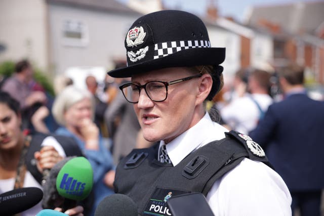 Merseyside Police Chief Constable Serena Kennedy speaking near the scene at the time of the Southport attack (James Speakman/PA)