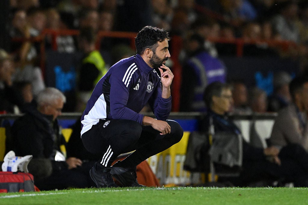 <p>Ruben Amorim looks dejected after his team concede during the Carabao Cup Second Round match between Grimsby Town and Manchester United</p>