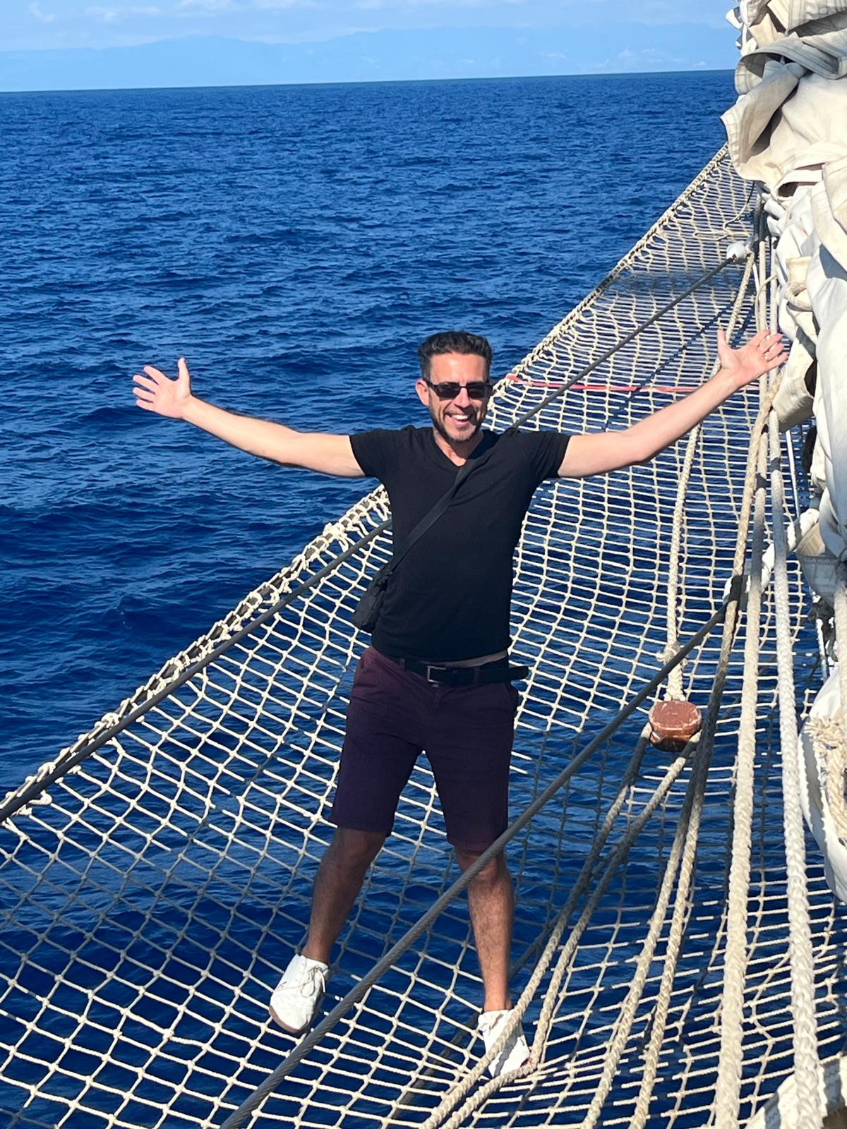 Marc braves the bowsprit nets on Star Clipper