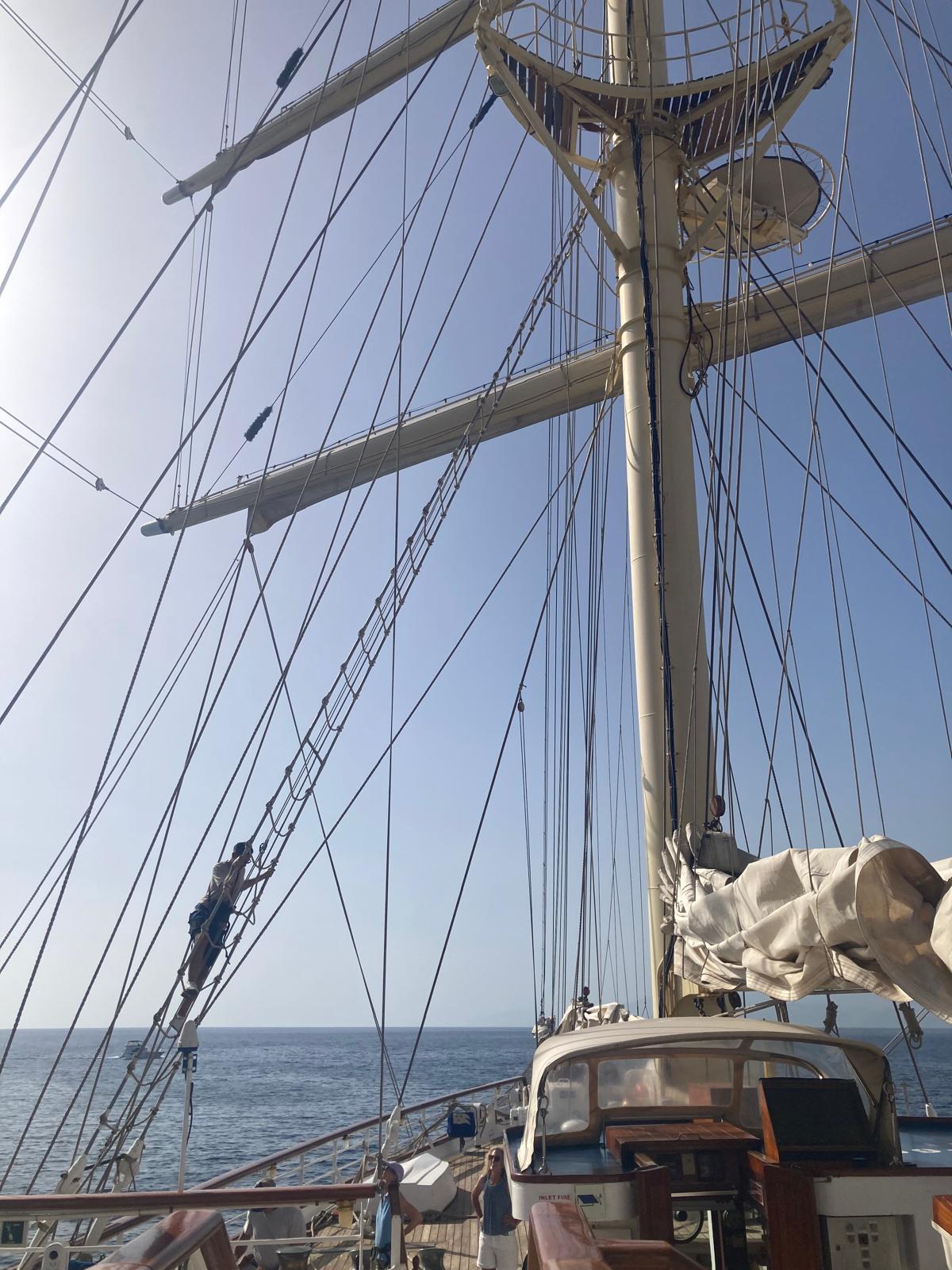 Marc Shoffman attempts the climb to the crow's nest aboard Star Clipper