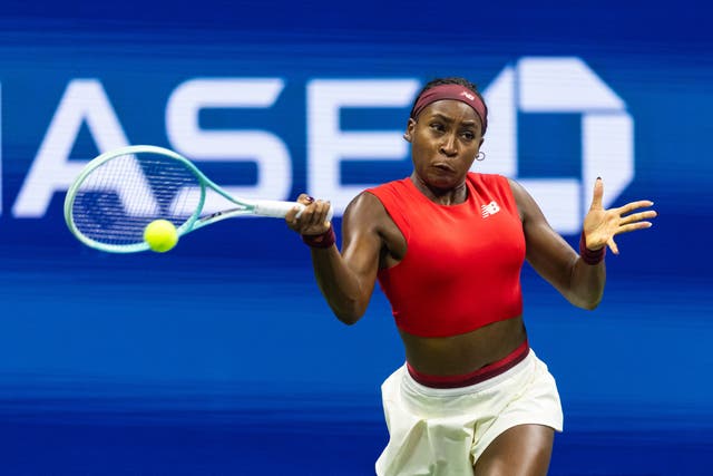 <p>Coco Gauff of the United States in action against Donna Vekic of Croatia</p>
