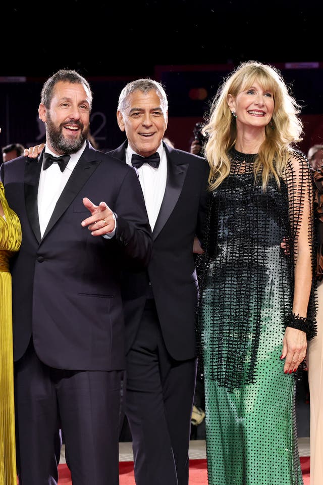 <p>Adam Sandler, George Clooney, and Laura Dern attend the "Jay Kelly" red carpet during the 82nd Venice International Film Festival </p>