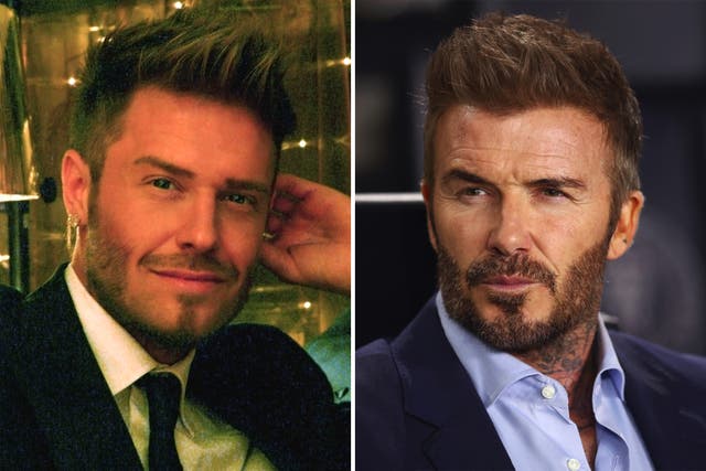 <p>I don’t ever look for him when I look in the mirror these days, says Beckham lookalike (left)</p>