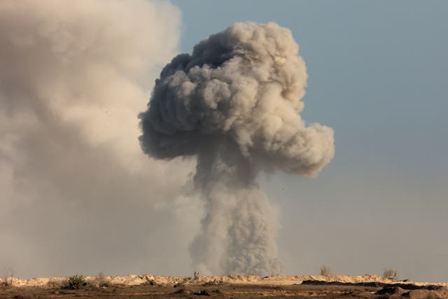 <p>This picture taken from a position near Israel's border with the Gaza Strip shows smoke billowing during an Israeli strike on the besieged Palestinian territory, on August 29, 2025</p>