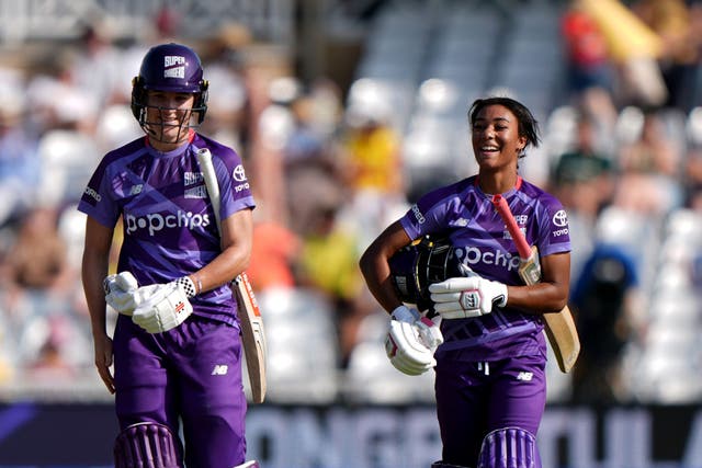 Davina Perrin, right, hit the fastest ever women’s century in The Hundred on Saturday (Joe Giddens/PA)