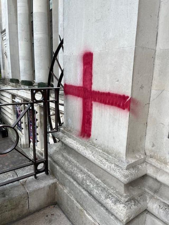 <p>Vandals painted the cross on the exterior of Portsmouth Guildhall </p>