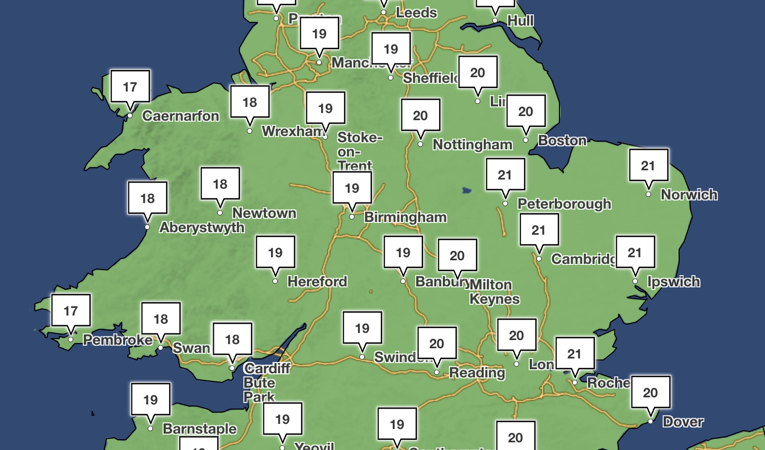 Met office temperature forecast for 7 September