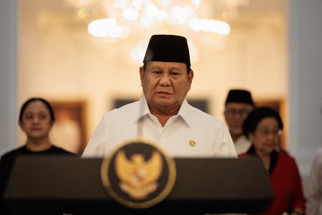 <p>Indonesian president Prabowo Subianto speaks about a recent wave of nationwide protests during a press conference alongside political party leaders at in Jakarta</p>