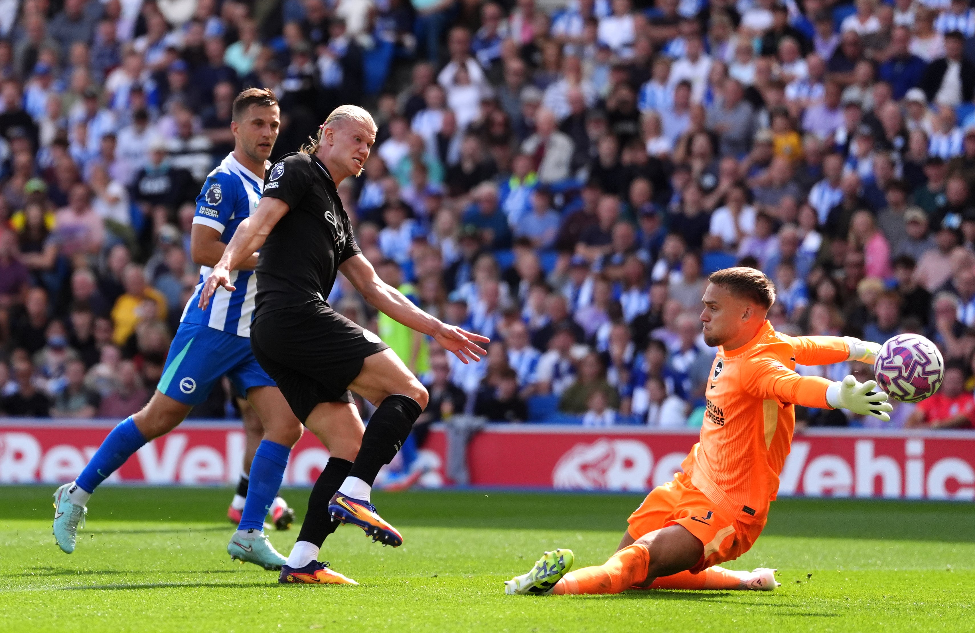 Erling Haaland, second left, puts Manchester City ahead before Brighton’s comeback