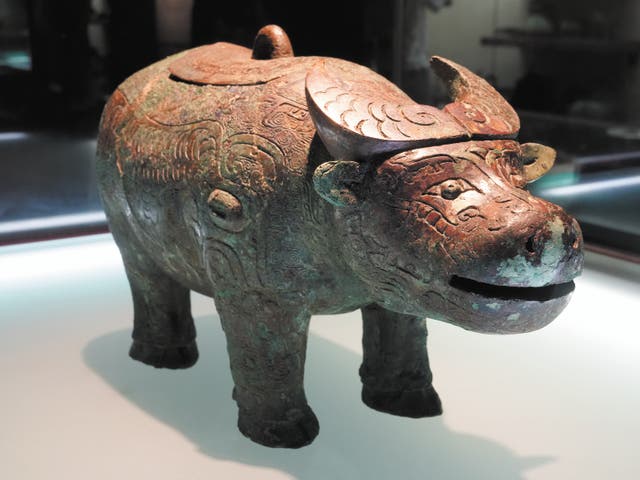 <p>A buffalo-shaped bronze vessel unearthed at the Yinxu Ruins in Anyang, Henan province</p>