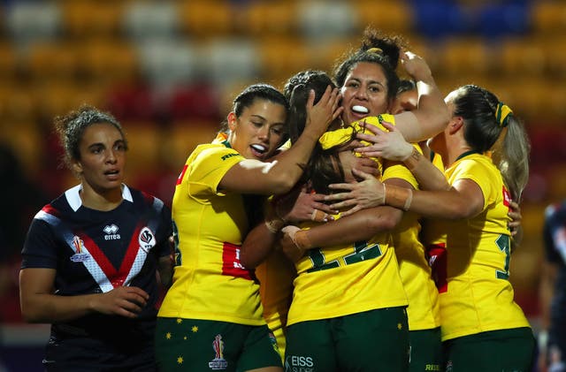 <p>Jessica Sergis of Australia celebrates their sides third try against France</p>