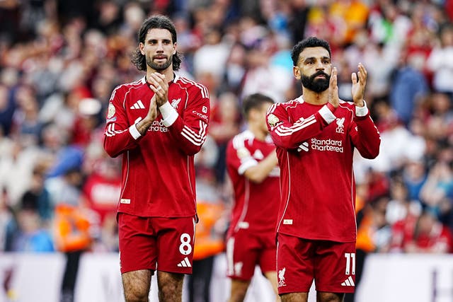 Liverpool’s Dominik Szoboszlai (left) and Mohamed Salah after their 1-0 Premier League victory over Arsenal (Peter Byrne/PA)