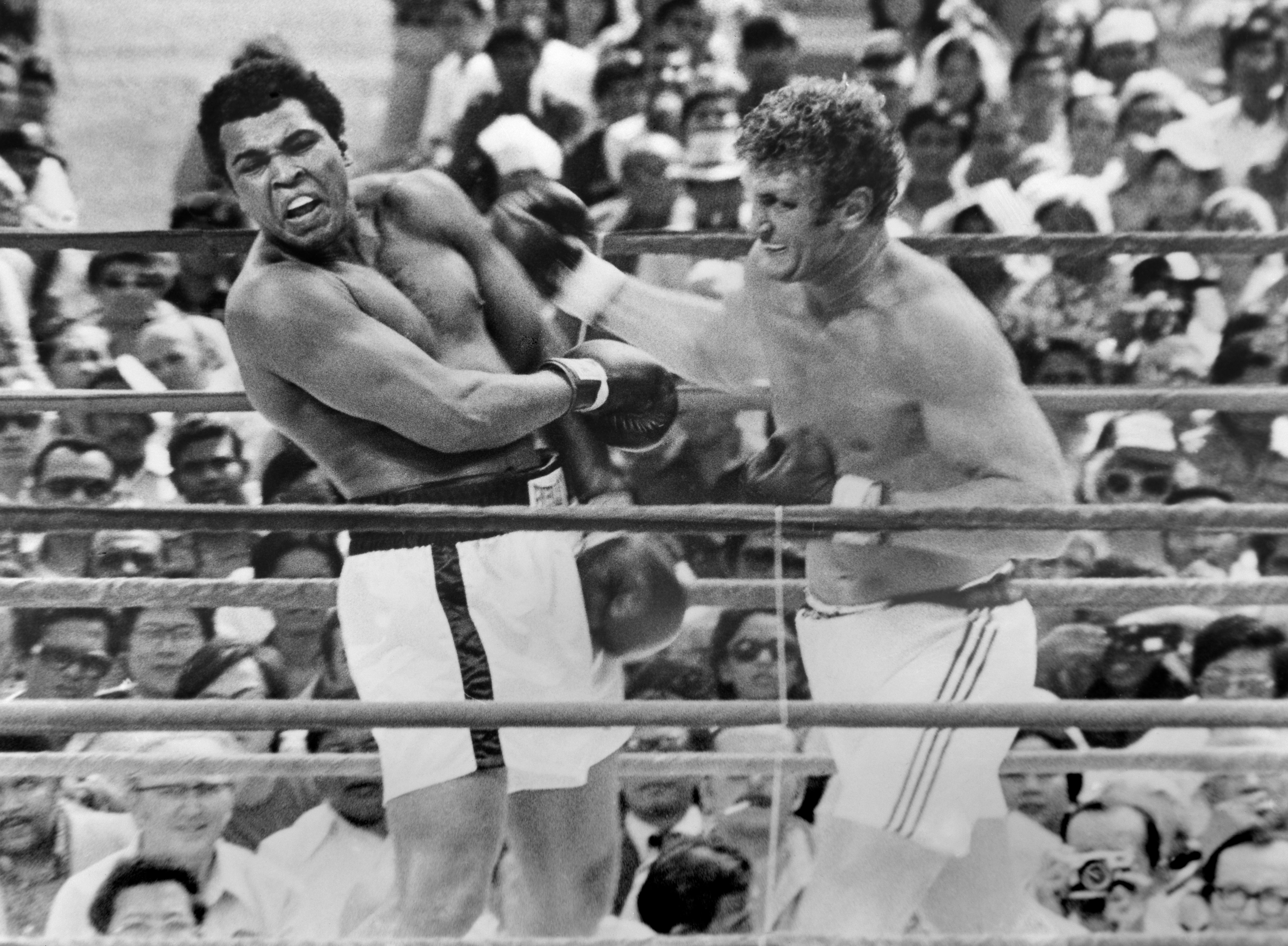 Joe Bugner (à direita) durante seu desafio de título mundial contra Muhammad Ali em 1975