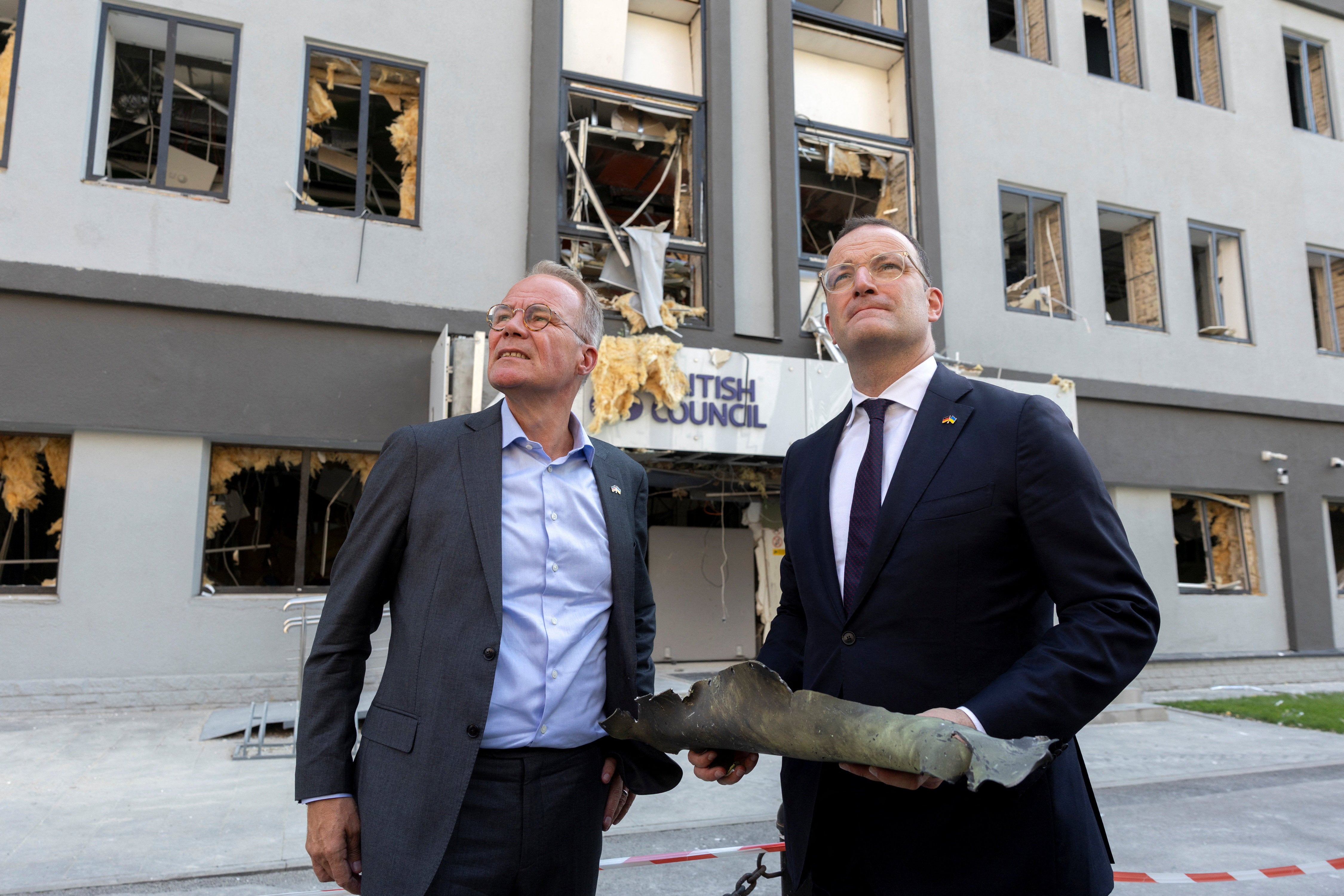 The Leader of the CDU/CSU parliamentary group Jens Spahn and General Secretary of the Social Democratic Party (SPD) Matthias Miersch visit the site of recent Russian missile strikes