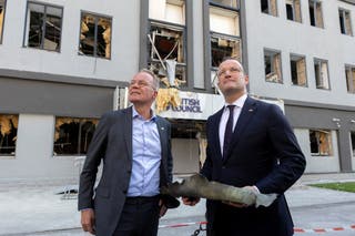 The Leader of the CDU/CSU parliamentary group Jens Spahn and General Secretary of the Social Democratic Party (SPD) Matthias Miersch visit the site of recent Russian missile strikes
