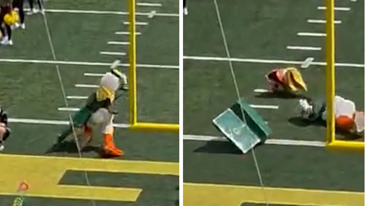 <p>Oregon Ducks mascot falls and loses head</p>