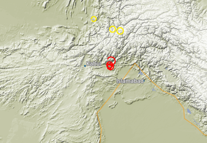 Red circles show the earthquake in Jalalabad, Nangarhar province, Afghanistan