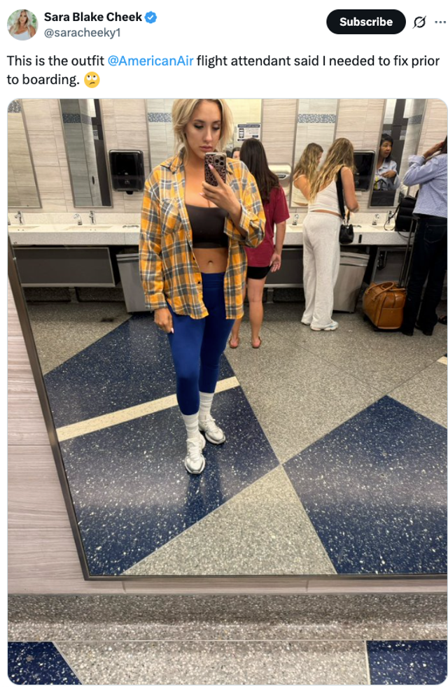 <p>Sara Blake Cheek, a former Playboy Playmate, called out American Airlines after a flight attendant reportedly told her she had to cover up before boarding her flight on Sunday. </p>