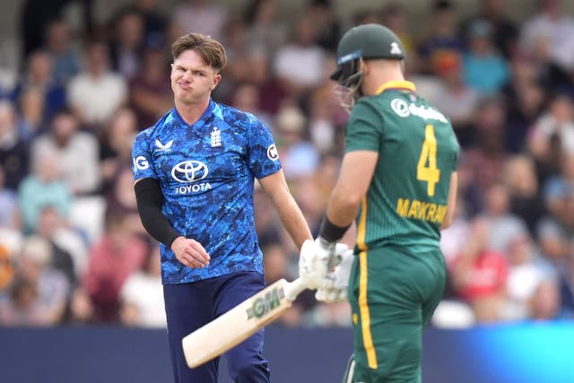 <p>England bowler Sonny Baker grimaces after South Africa’s Aiden Markram reaches 50</p>