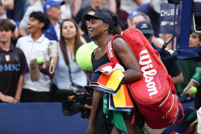 <p>Venus Williams exits the court after defeat with Leylah Fernandez in the doubles </p>