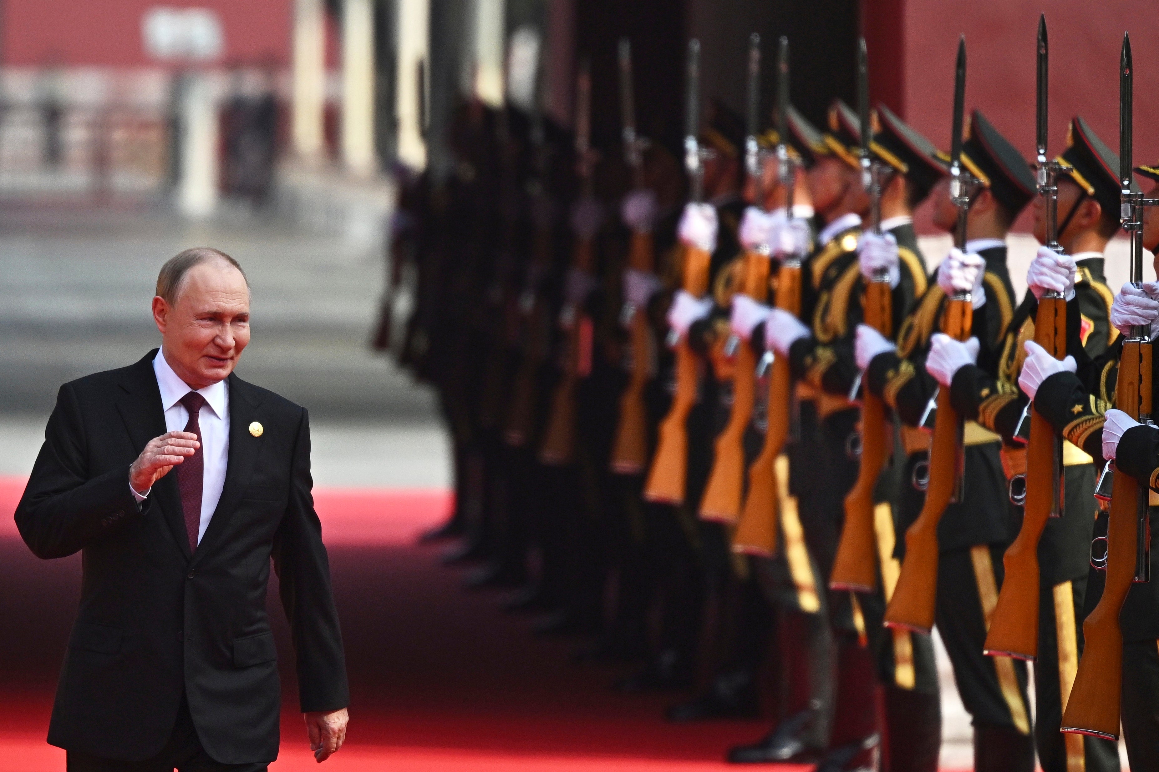 <p>Russian President Vladimir Putin arrives at a military parade to commemorate the 80th anniversary of Japan's World War II surrender in Beijing, China, Wednesday, Sept. 3, 2025</p>