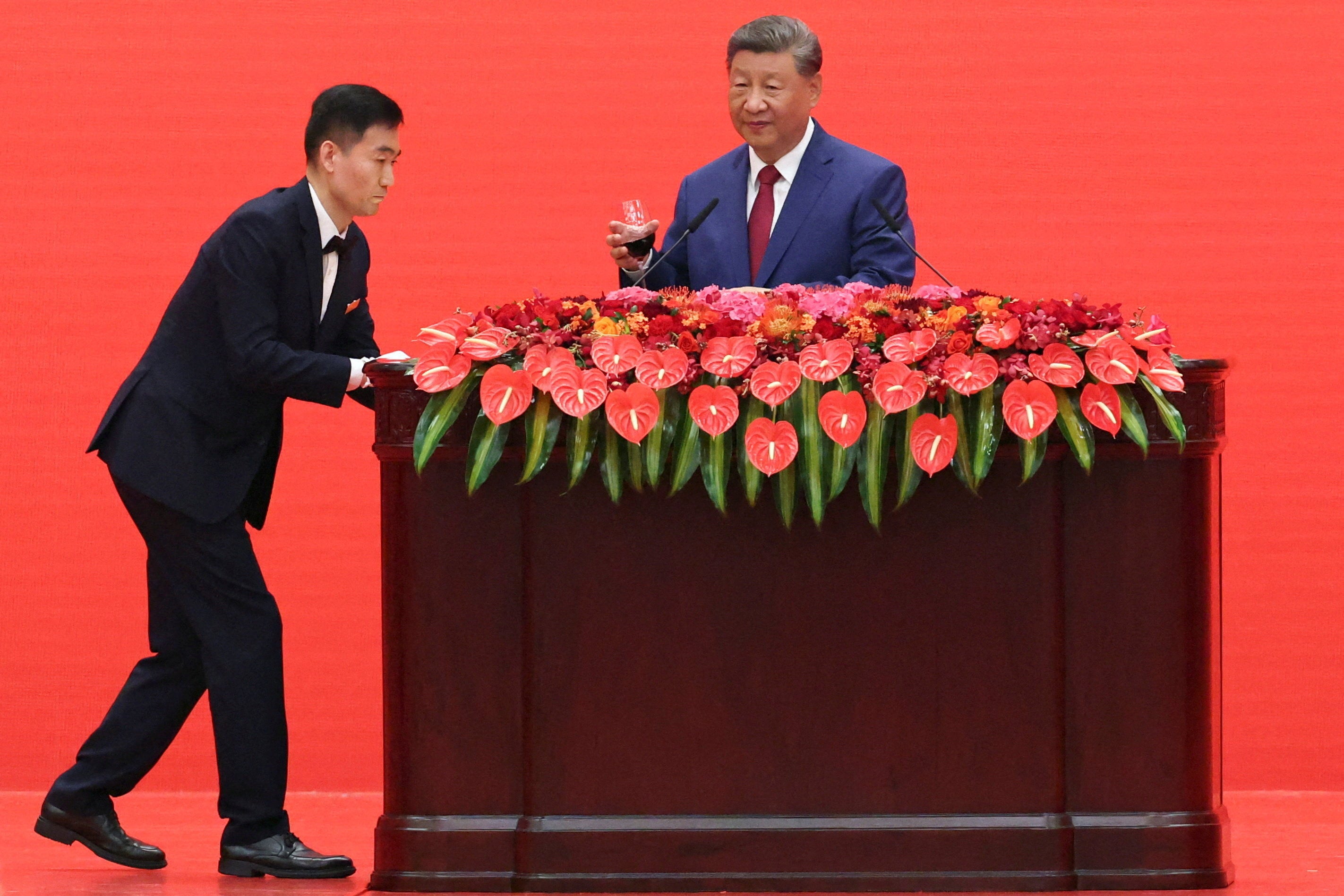 Chinese president Xi Jinping prepares to make a toast after delivering his speech at a reception marking the 80th anniversary of the end of World War Two