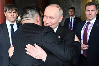 Russian president Vladimir Putin sees North Korean leader Kim Jong Un off following their talks after attending a military parade marking the 80th anniversary of victory over Japan and the end of World War II
