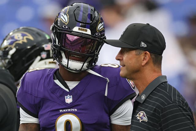 <p>Quarterback Lamar Jackson and head coach John Harbaugh will hope to lead the Baltimore Ravens to glory</p>