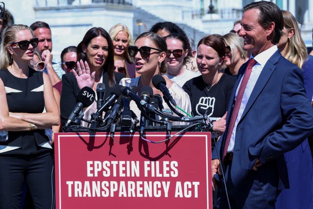<p>Marina Lacerda, victim of late financier Jeffrey Epstein, speaks during a press conference to discuss the Epstein Files Transparency bill.</p>